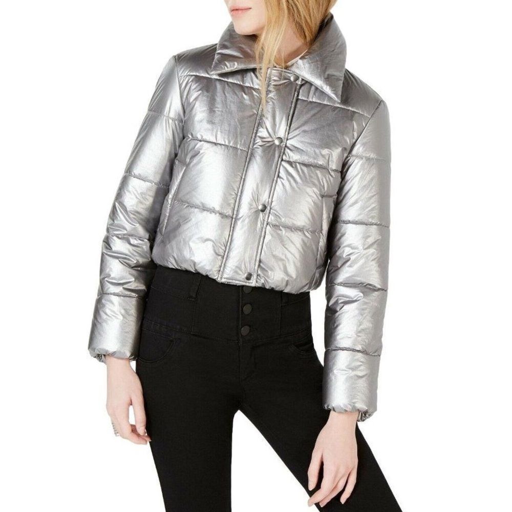 Bar III Puffer Silver Metallic Cropped Snap Zip Up Jacket